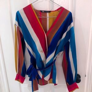 ZARA Stripped Double Breasted Silky Tie Up Blouse
